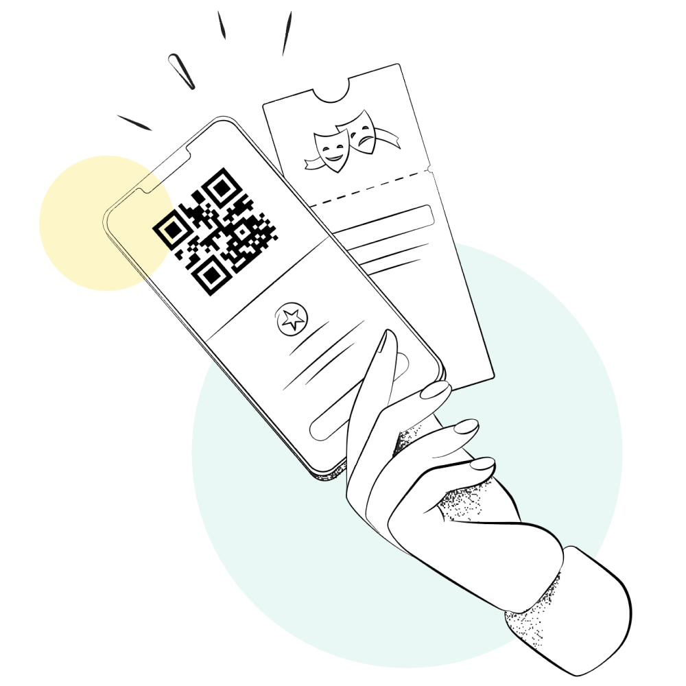 Hand holding a smartphone with QR code next to theater tickets, digital ticketing concept illustration.