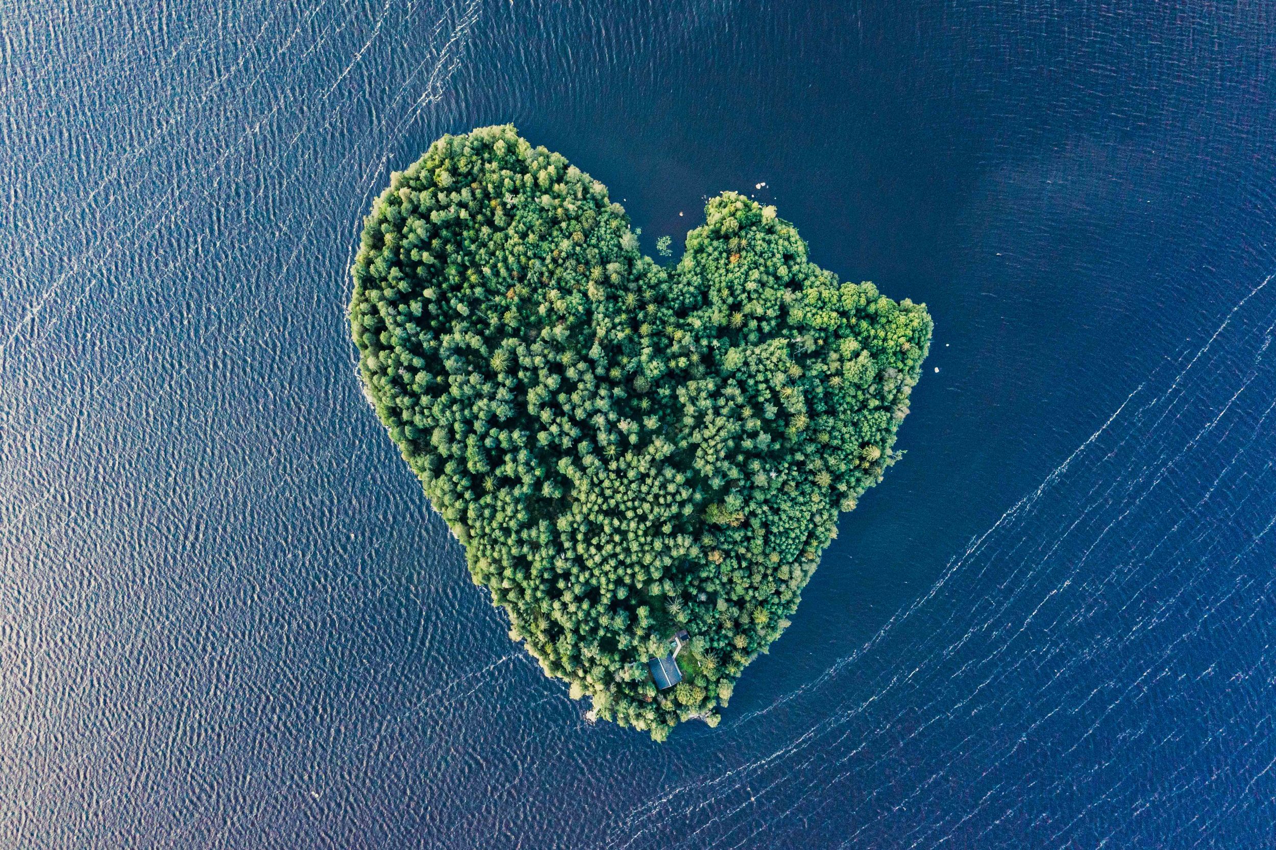 Aerial view of a heart-shaped tropical island covered in lush green forest surrounded by blue ocean.