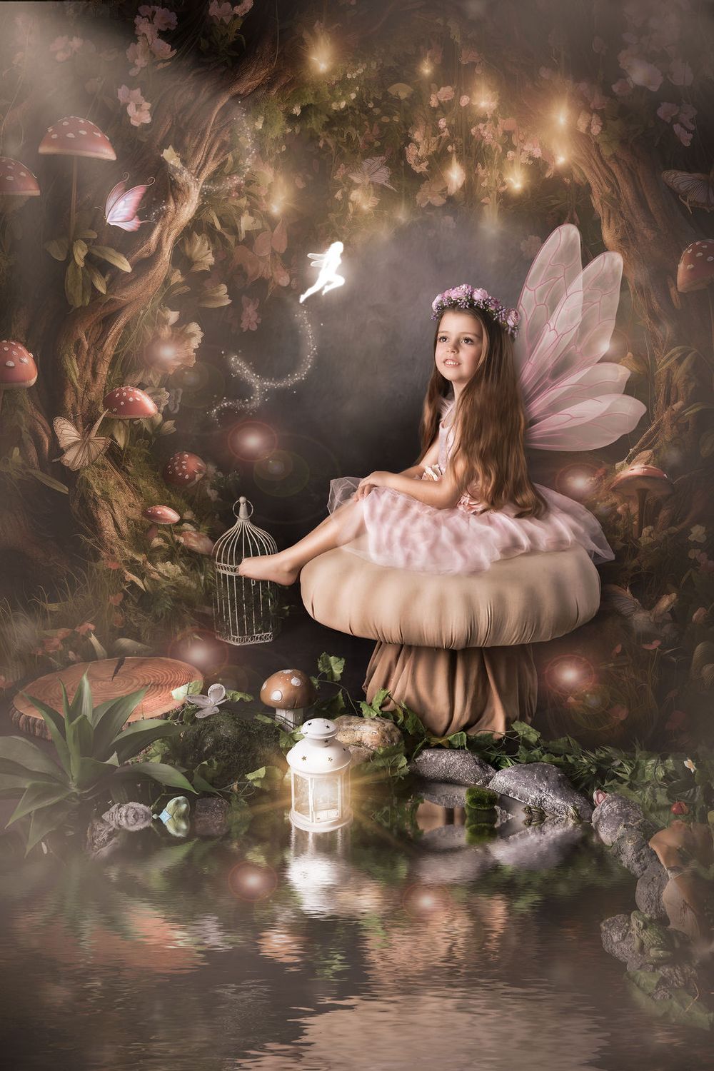 A young girl dressed as a fairy with pink wings sits on a mushroom in an enchanted forest fantasy setting.