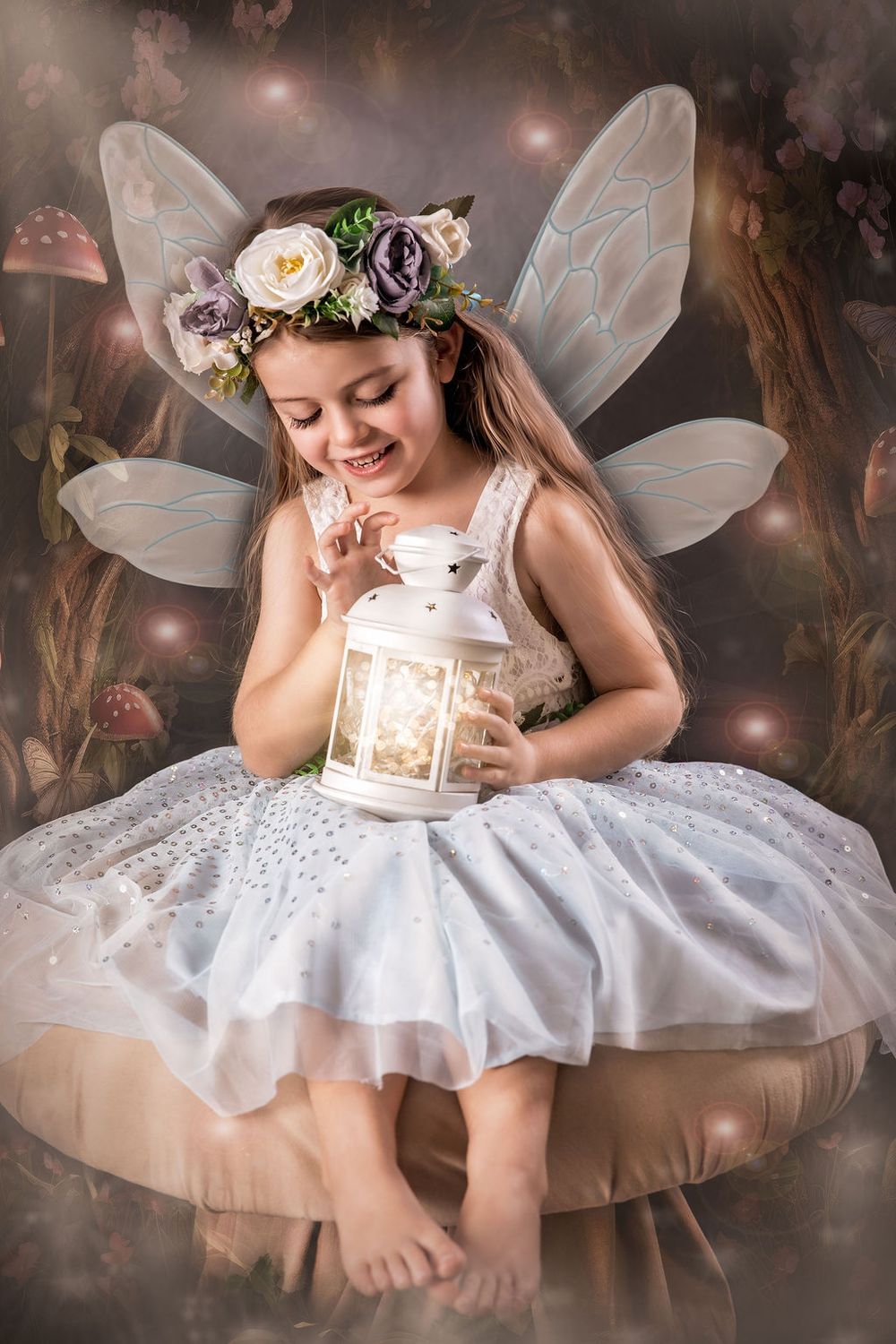 A smiling little girl dressed as a fairy with wings, floral crown, white tutu, sitting on a mushroom holding a glowing lantern.