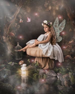 A young girl dressed as a fairy with wings and floral crown sits beside a glowing lantern in an enchanted forest setting.