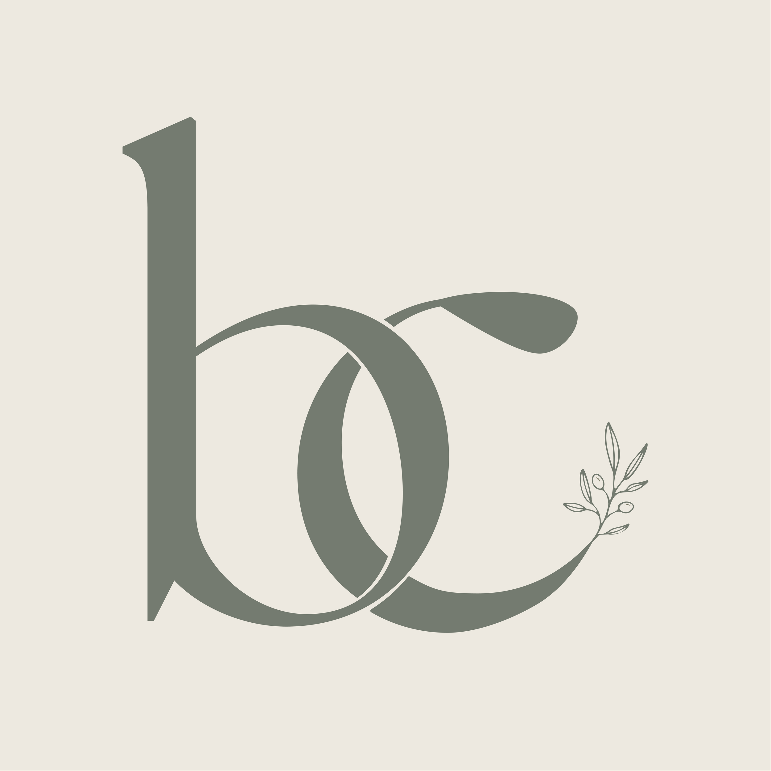 Minimalist logo design featuring the letters 'bc' with a small decorative leaf element.