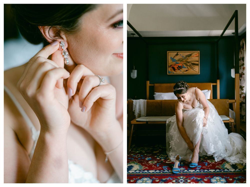 Wedding preparation details showing jewelry and dress moments in an elegant hotel room.