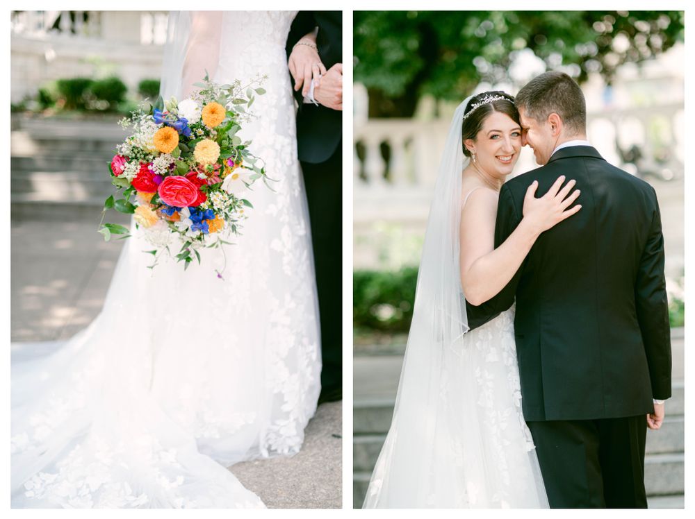 Wedding couple poses for romantic portraits while holding a vibrant multicolored bouquet of flowers.