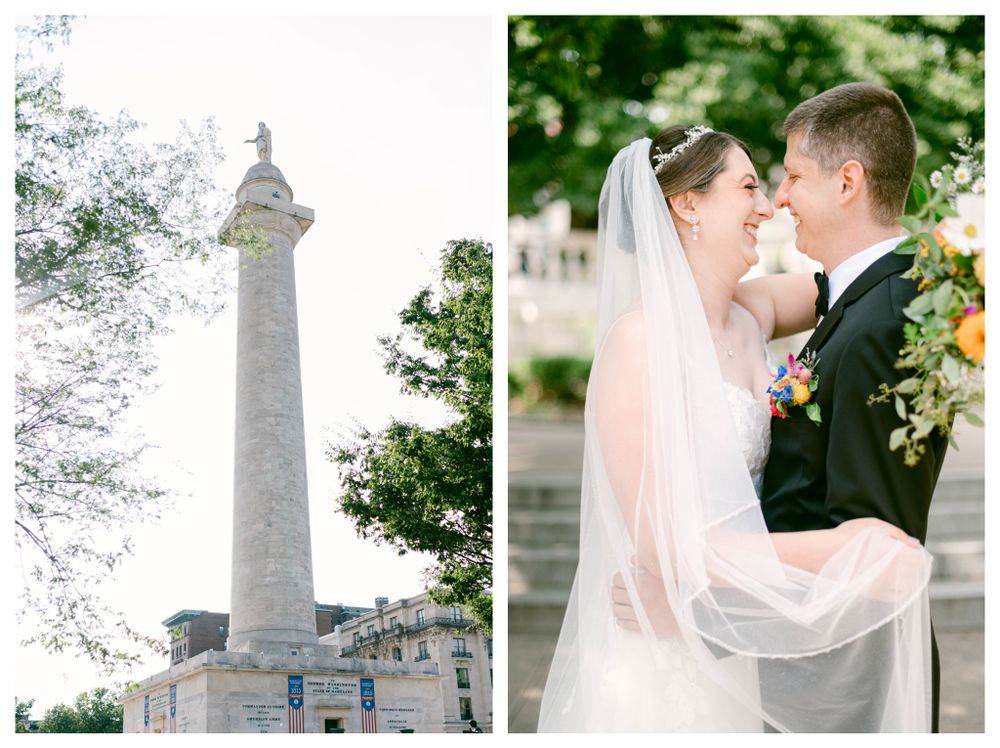 Stone monument and architectural details frame an intimate wedding photography session.