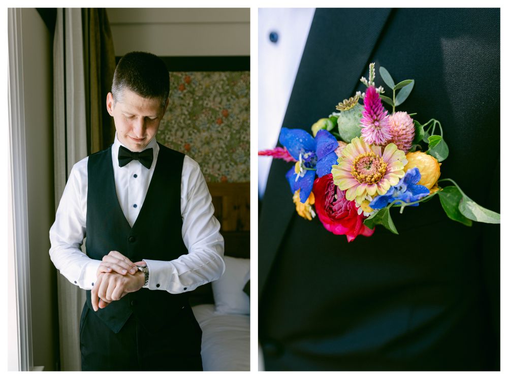 A series of detail shots showing wedding accessories and formal attire in muted tones.