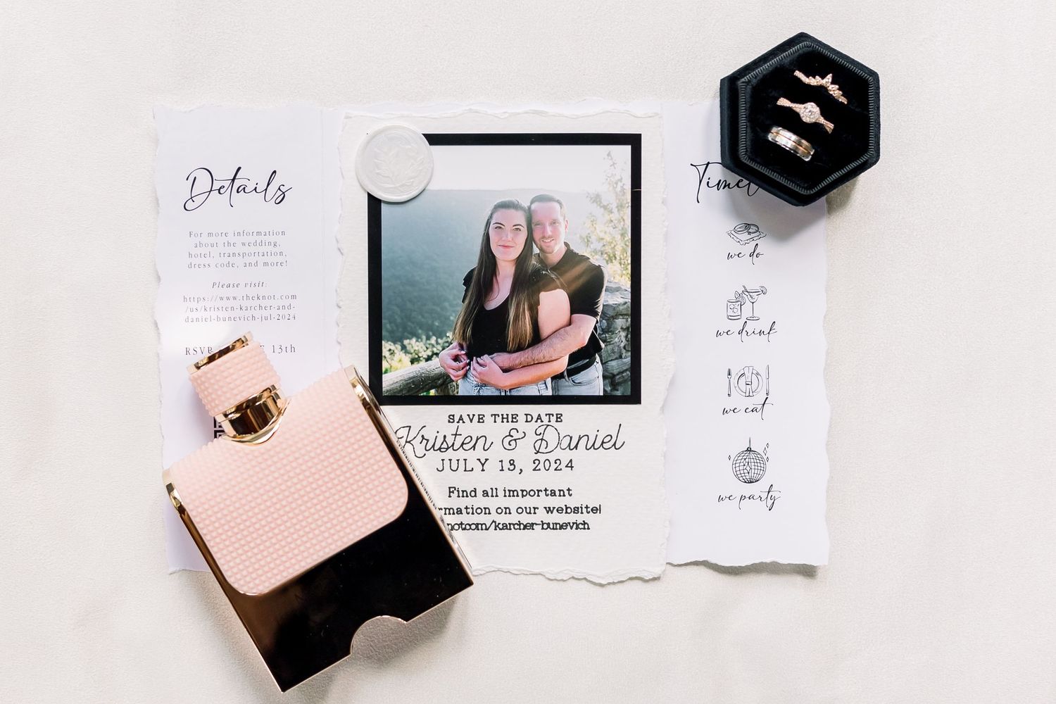 Wedding stationery suite featuring black and white modern design elements.