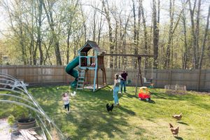 Children play in a fenced backyard with a wooden swing set and green slide while chickens roam the grass near a wooded tree line.