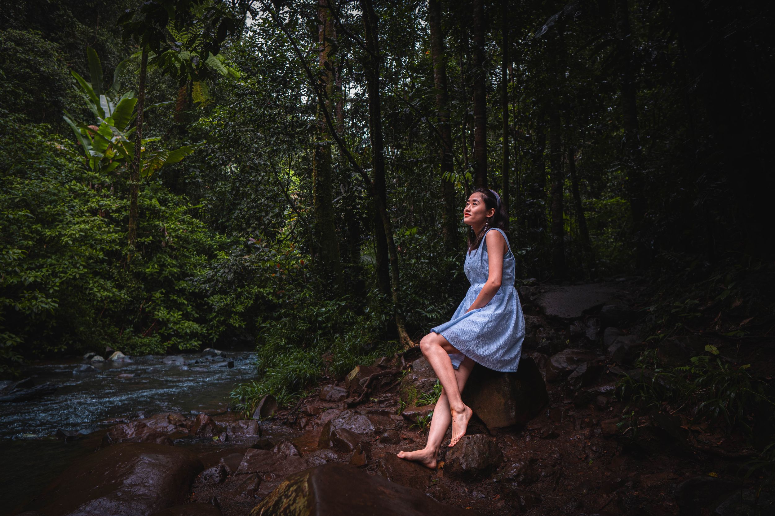 Asian lady in a blue dress sits peacefully by a rushing stream in a verdant forest setting.
