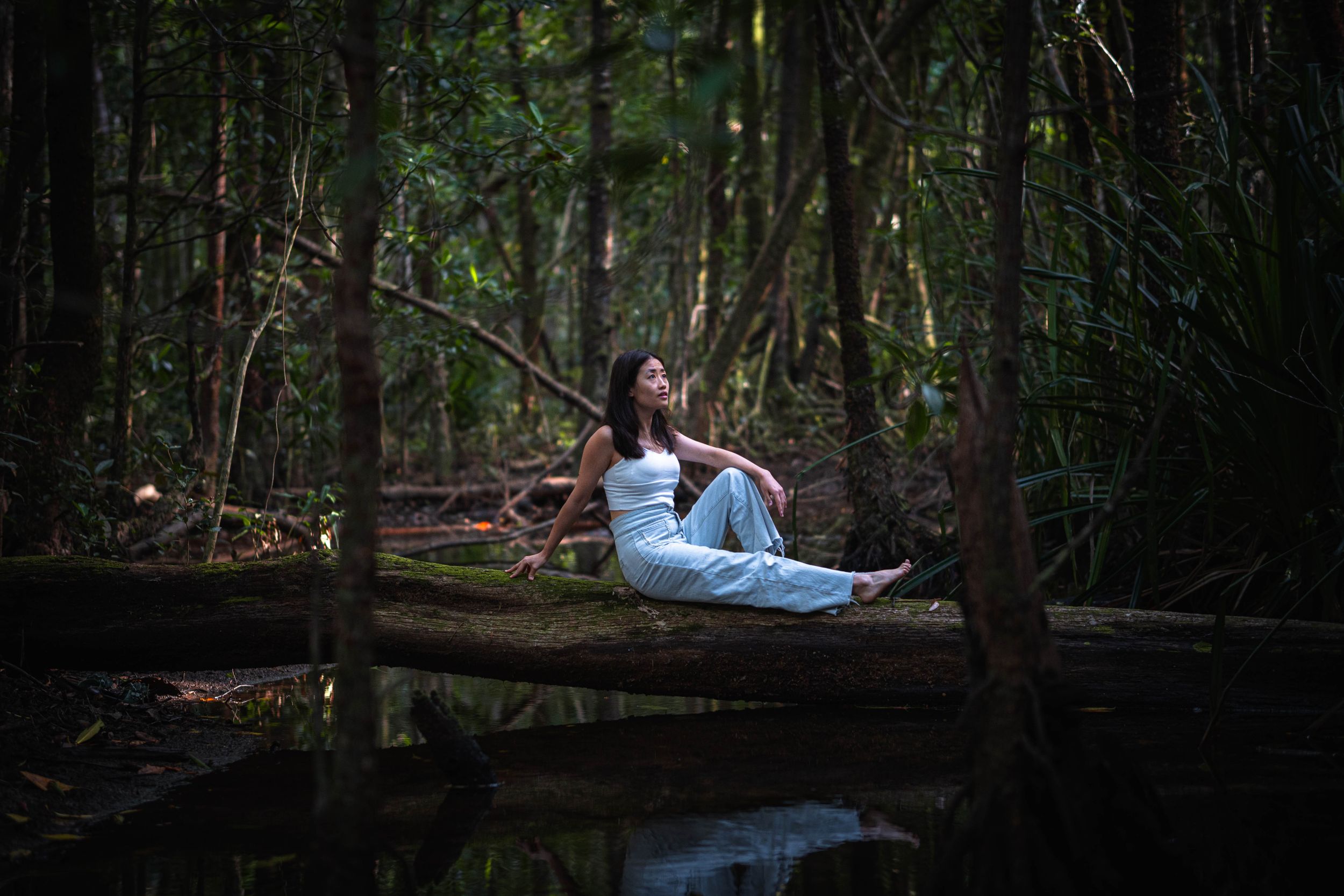 Person relaxes on a fallen log over water in a moody forest scene.