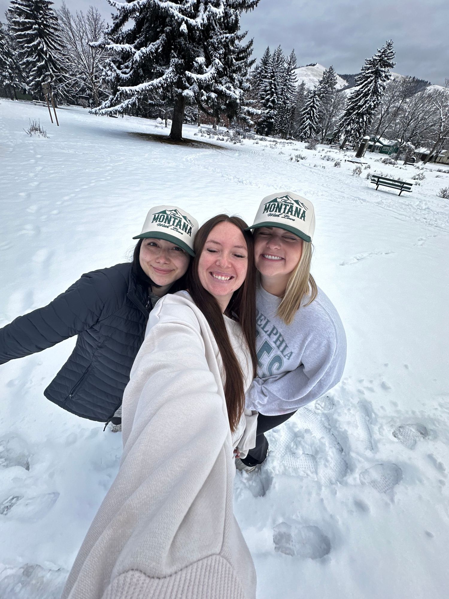 Three friends wearing matching winter hats pose together in a snowy mountain landscape with evergreen trees.