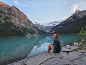 A stunning panoramic sequence of Lake Louise in Banff National Park showing turquoise waters and majestic mountain peaks.