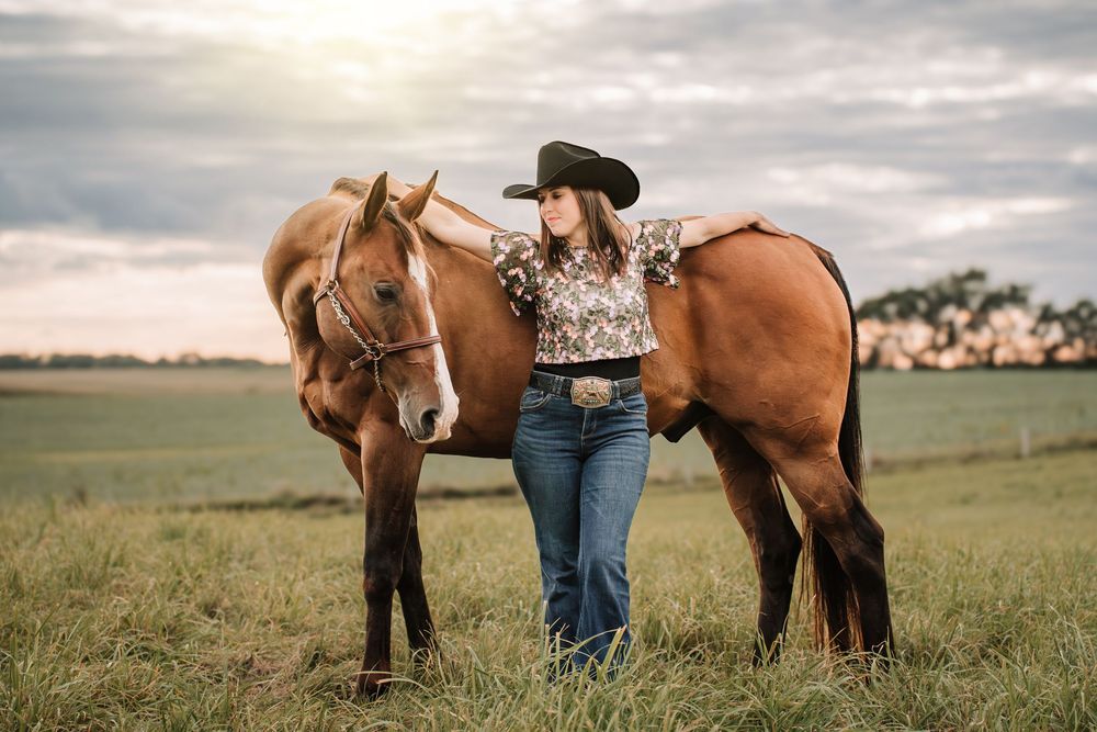 Multiple partial views of people with horses in a pastoral field setting under cloudy skies.
