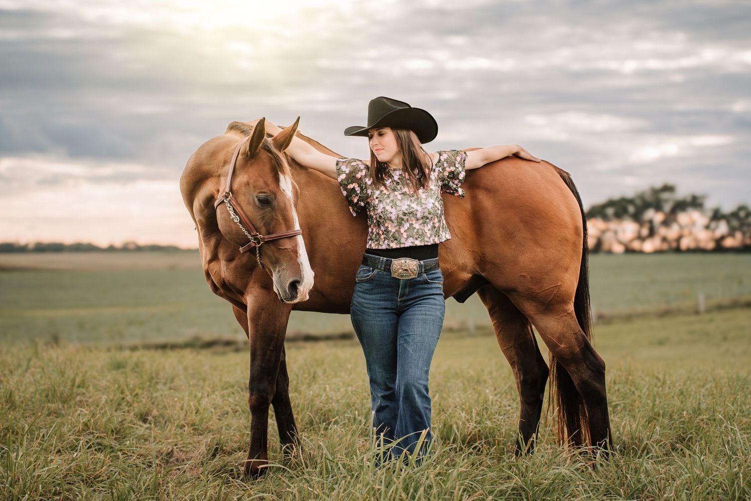 Multiple partial views of people with horses in a pastoral field setting under cloudy skies.