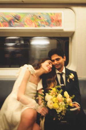 A romantic series of wedding photos showing a couple with yellow floral bouquets in an intimate indoor setting.