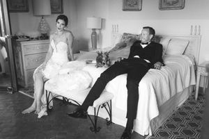 A series of black and white photographs showing people lounging and reclining on couches in what appears to be a living room.