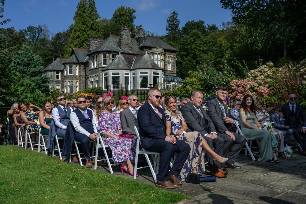Guests seated for outdoor wedding ceremony at Merewood Country House