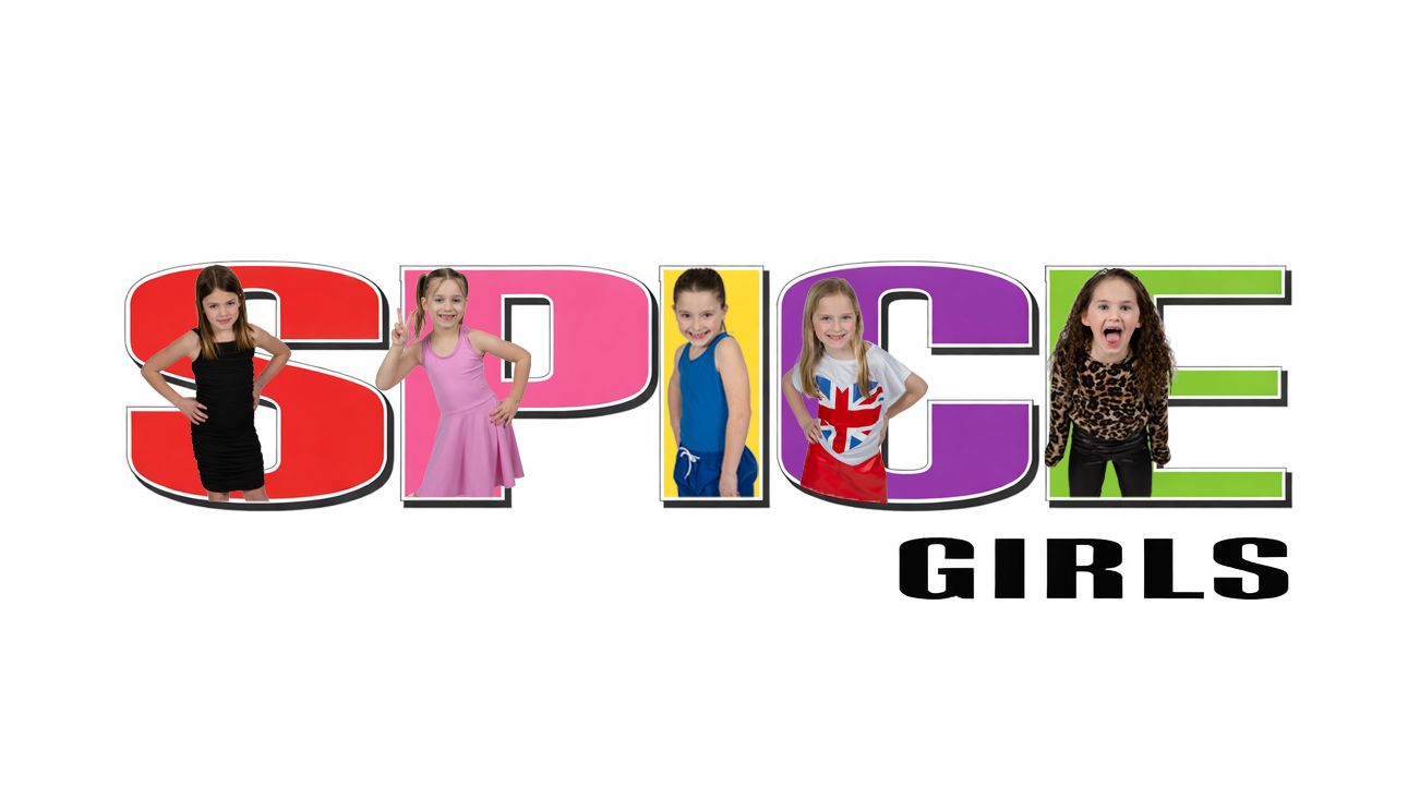 Four young girls pose as the Spice Girls, dressed in colorful outfits, with the iconic Spice Girls logo.