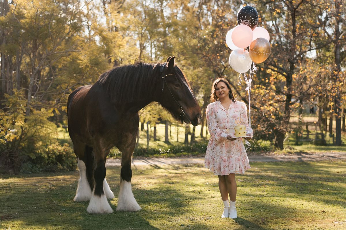 Woman in floral dress holds balloons beside a large shire horse on a green lawn with autumn trees in Sydney horse photoshoot