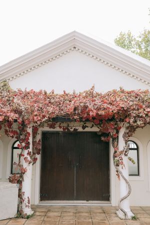 White building entrance with dark wood doors framed by climbing vines with red autumn leaves.