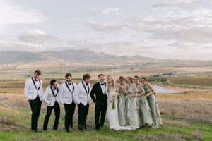 Wedding party poses outdoors with scenic vineyard and mountain backdrop, groomsmen in white jackets and bridesmaids in sage gowns.