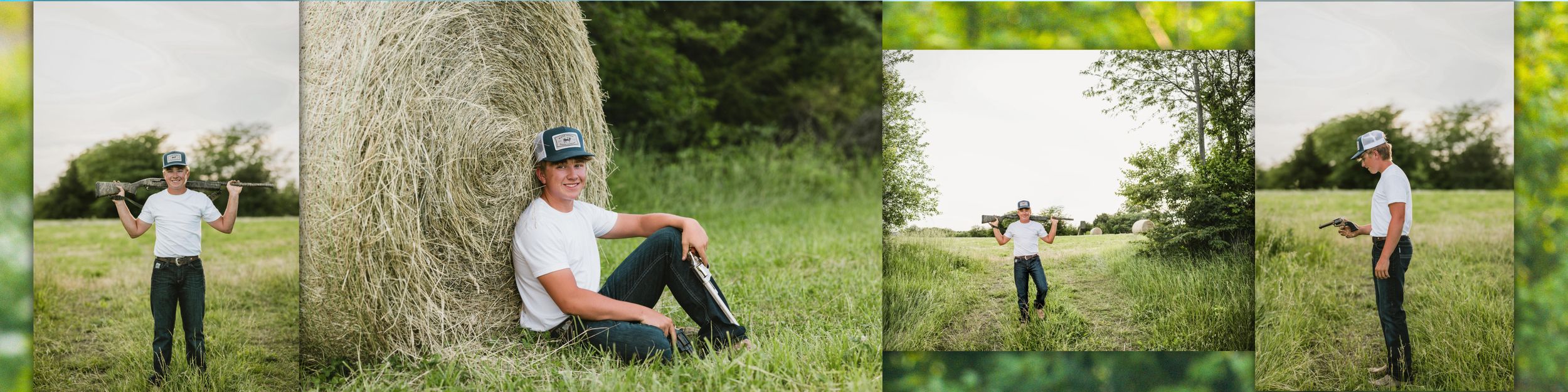 Young man in white shirt and cap poses by a hay bale in a green field during an outdoor senior photo session.