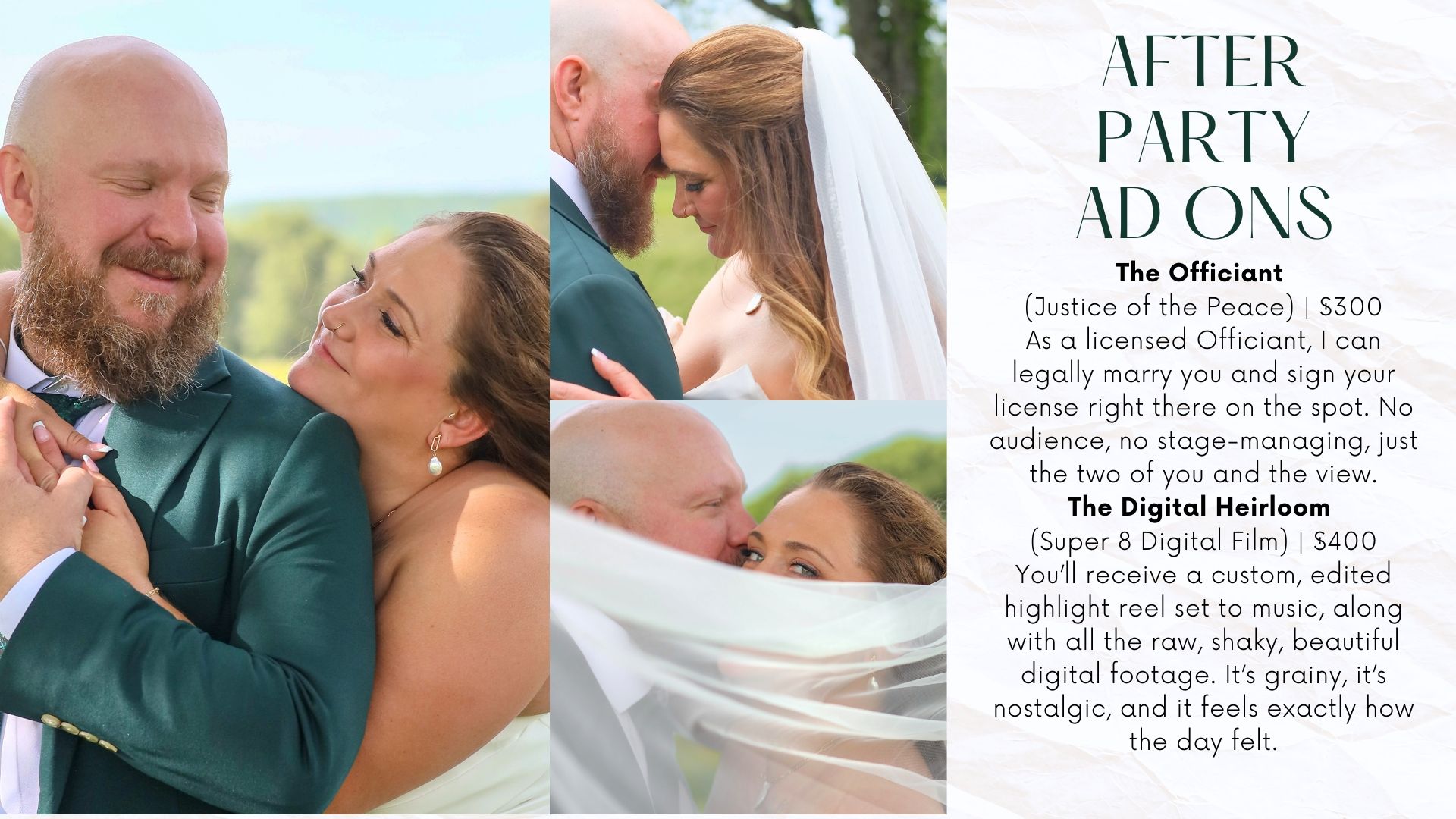 Couple embracing at wedding with after party add-ons promotional text overlay including officiant and digital heirloom services.
