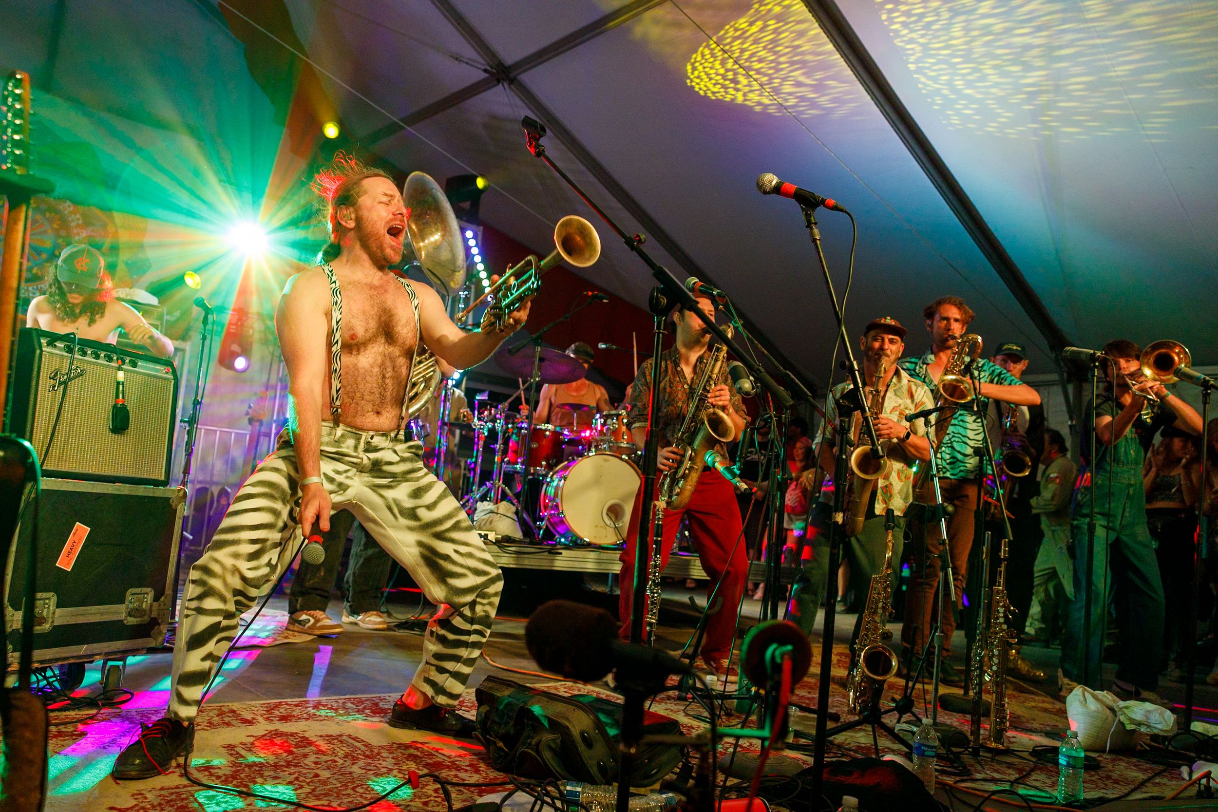 Energetic live band performance with shirtless dancer in zebra pants, brass section, and colorful stage lighting.