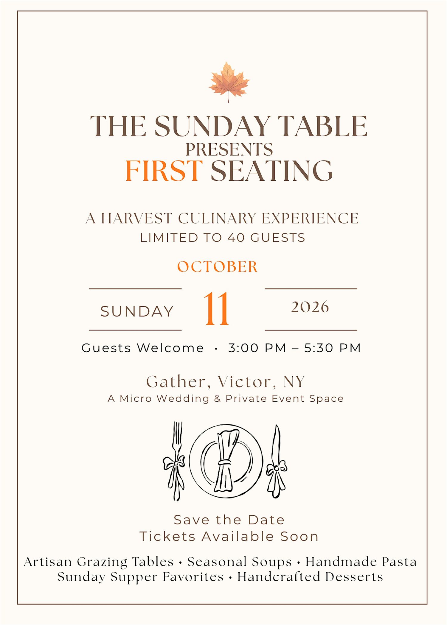 Elegant save the date card for The Sunday Table First Seating harvest dinner event on October 11 2026 in Victor NY.