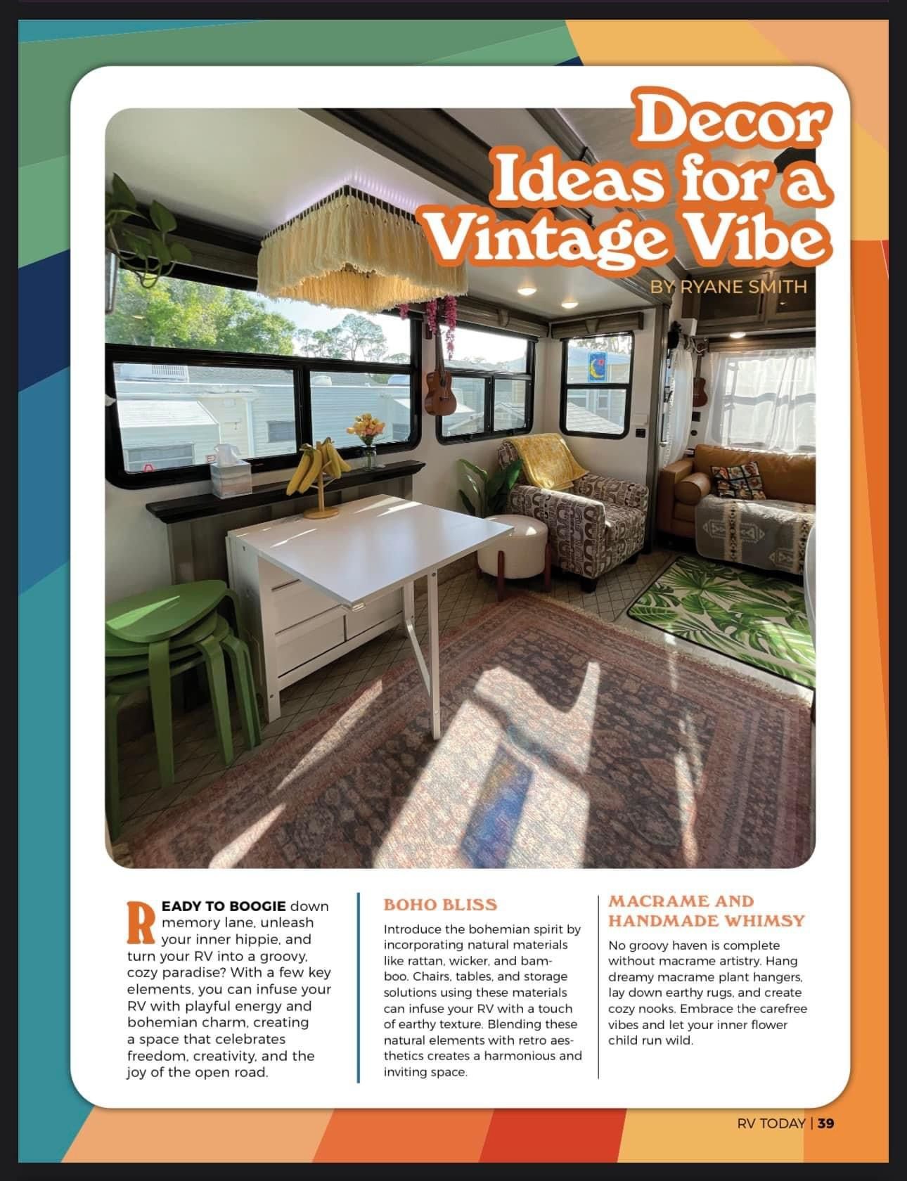 RV interior decorated with vintage bohemian style featuring macrame, plants, and warm wood tones for a cozy hippie vibe.