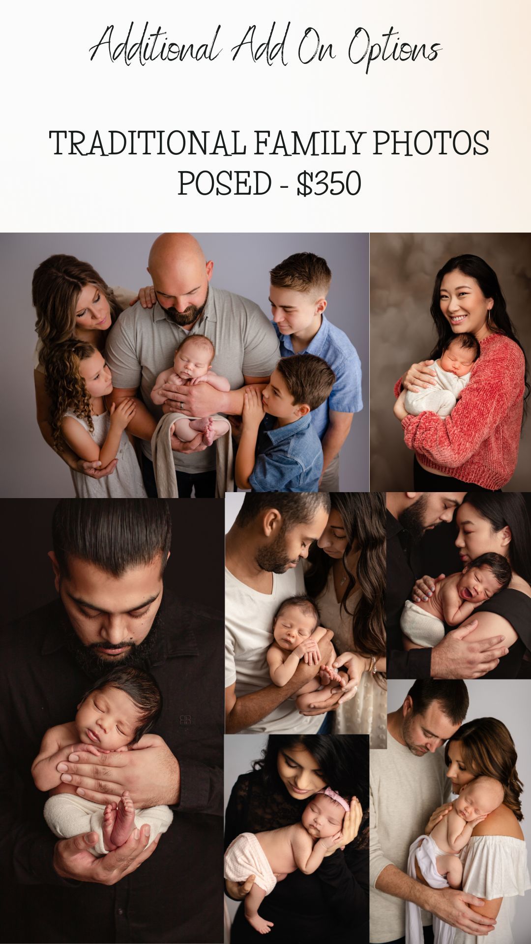 Newborn photography posed options showing a pink daybed, colored box, and bucket props for infant photo sessions.
