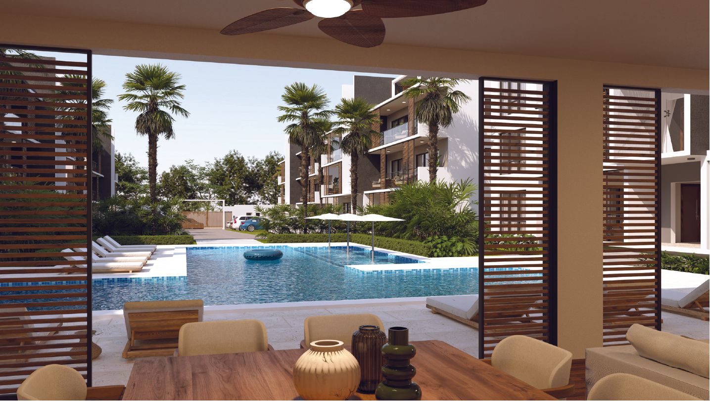 Elegant poolside lounge area with ceiling fan, wooden slats, and view of resort-style pool.