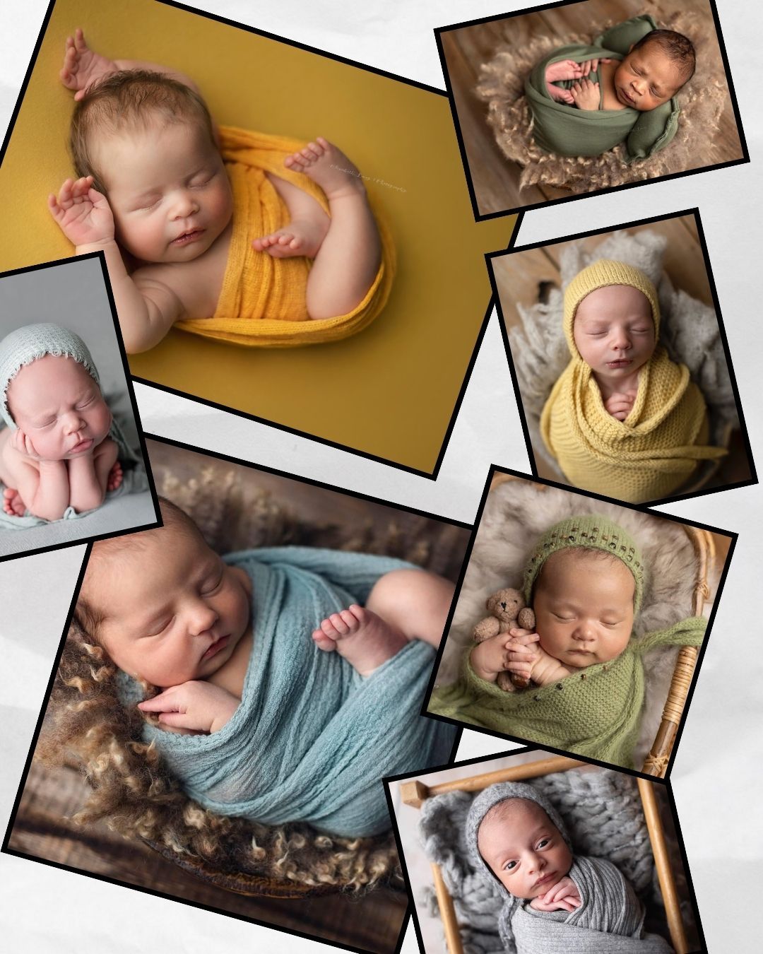 A collage of seven newborn baby photos featuring infants wrapped in colorful knit blankets and hats in yellow, green, and blue.