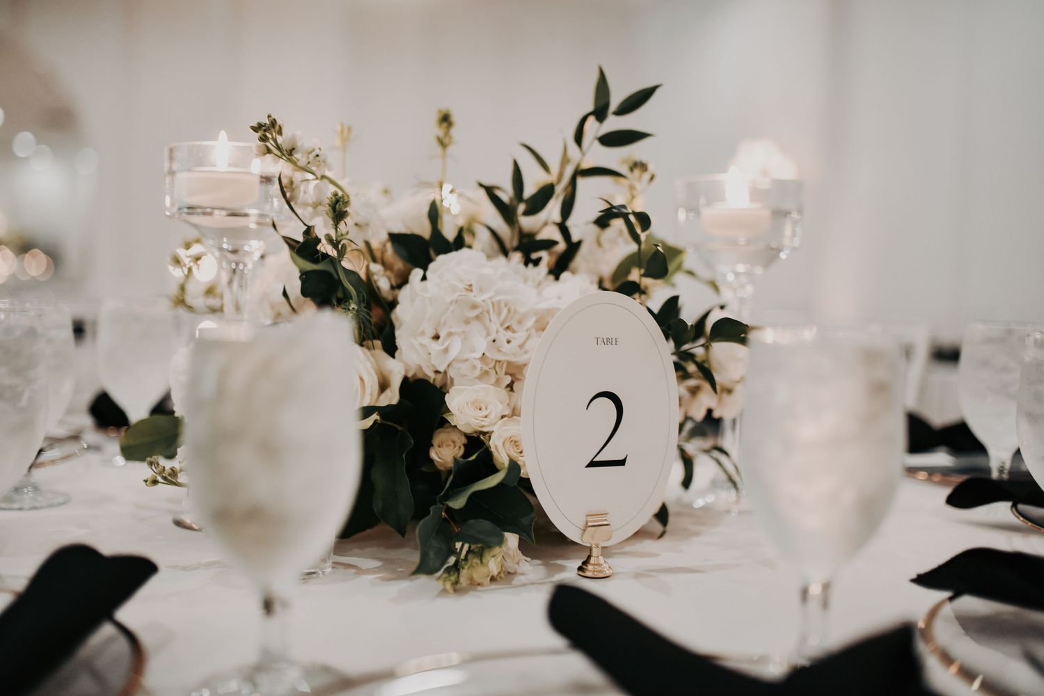 Elegant black-tie wedding reception decor at Hall on Dragon Dallas