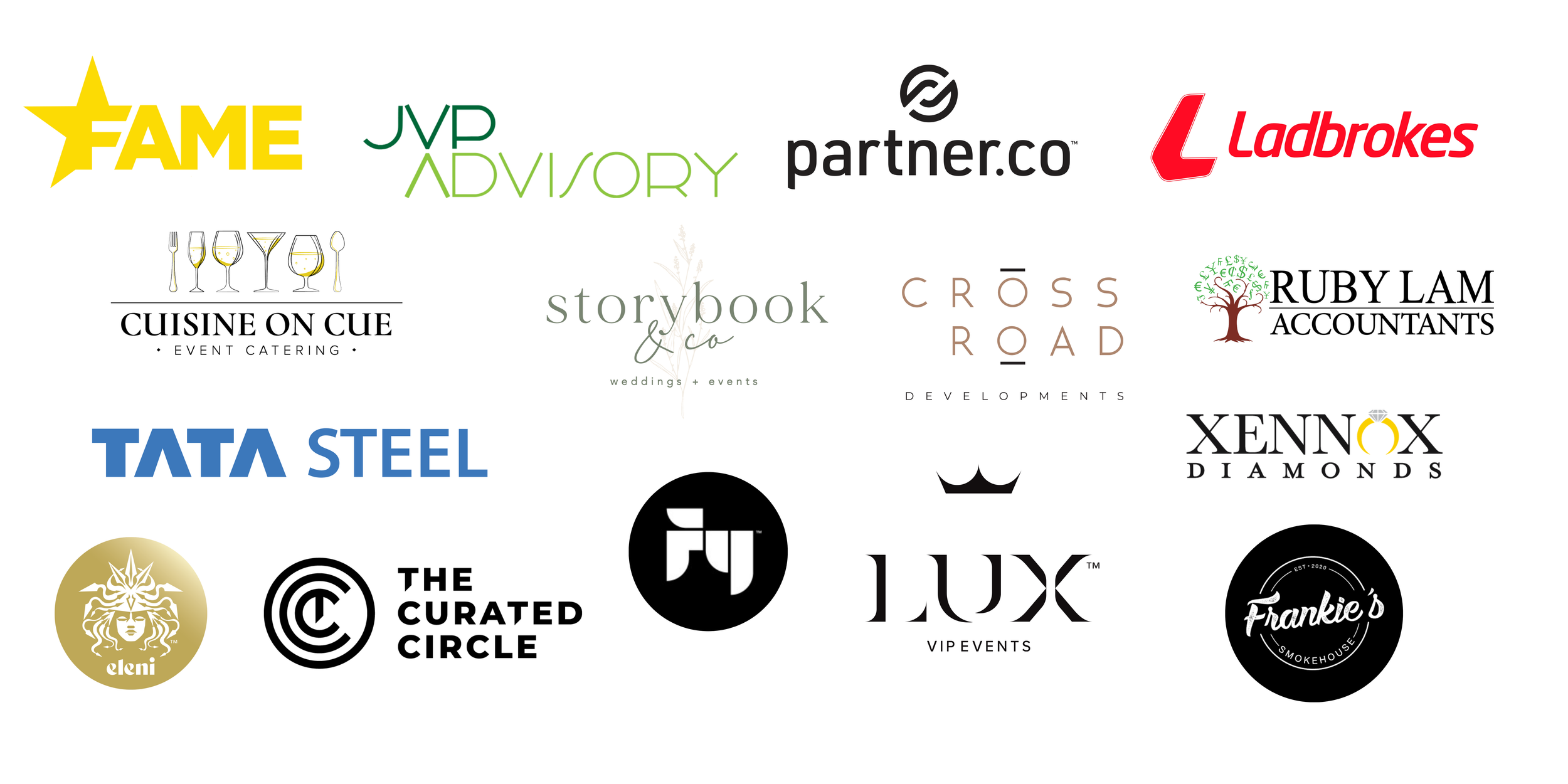 Collection of business logos including Fame, JVP Advisory, Partner.co, Ladbrokes, Tata Steel, Lux, and more.