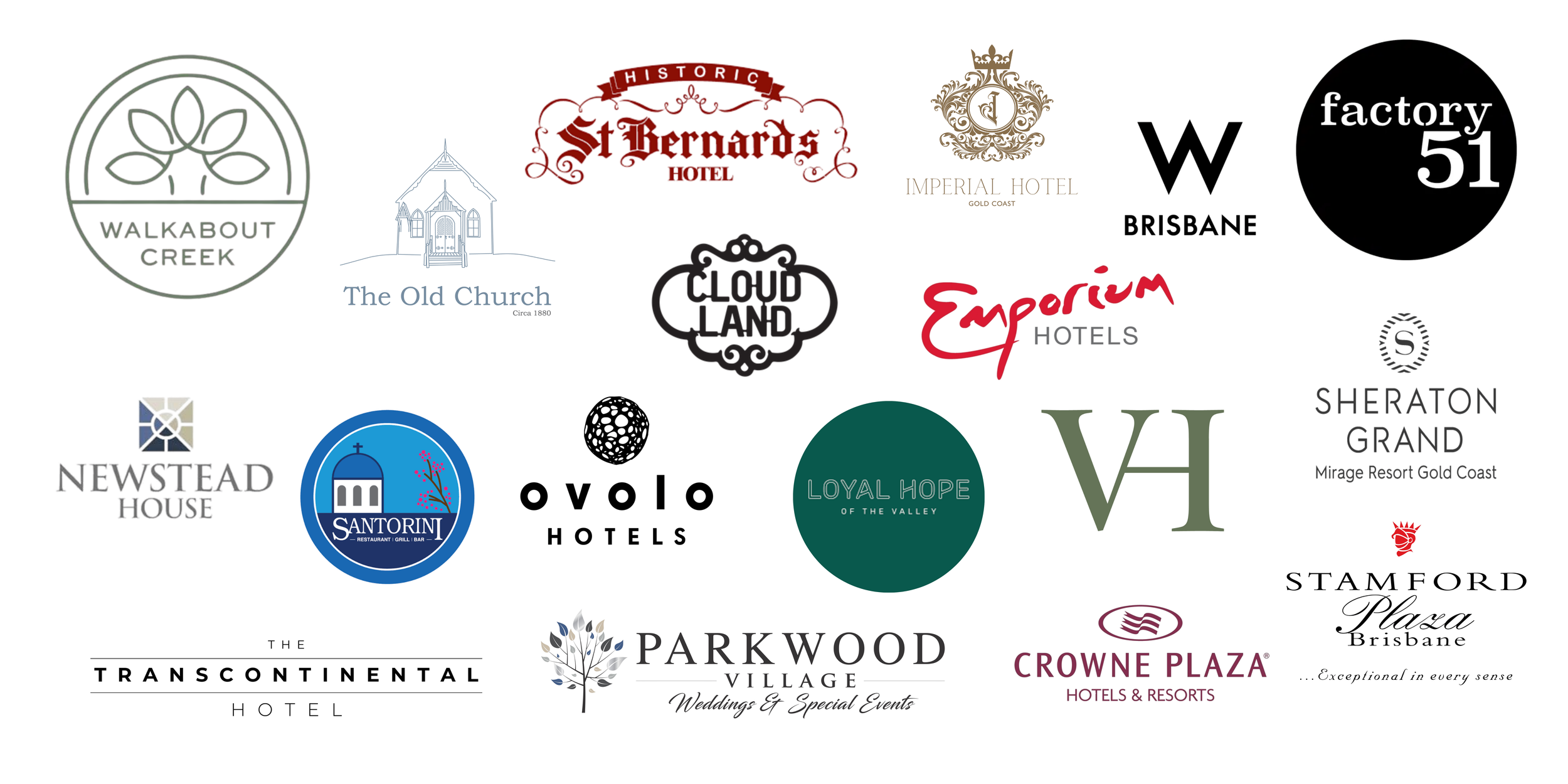 Collection of hotel and hospitality brand logos including Ovolo, Sheraton Grand, Crowne Plaza, Stamford Plaza, and W Brisbane.
