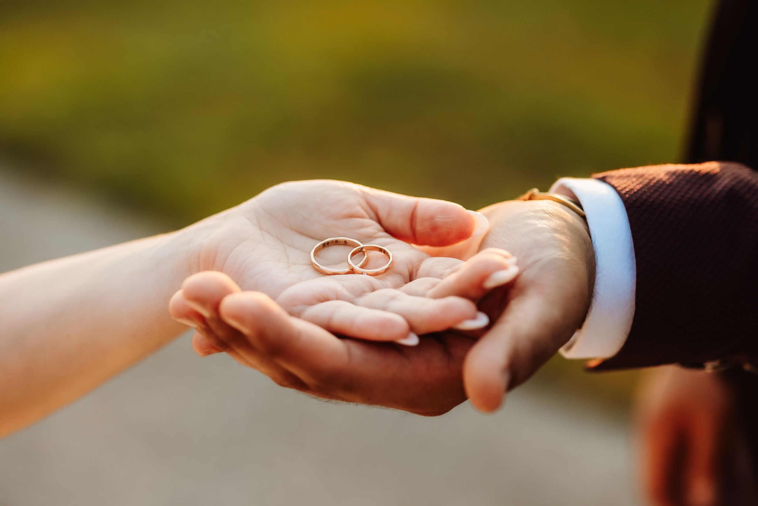 Close-up of two gold wedding rings resting on a bride's open palm, held gently by a groom in a dark suit.