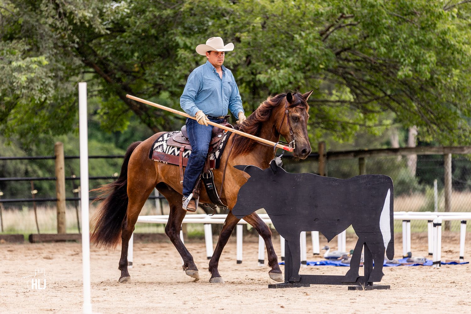 Cowboy riding a chestnut horse while holding a long pole during a Western equestrian competition in an outdoor arena.
