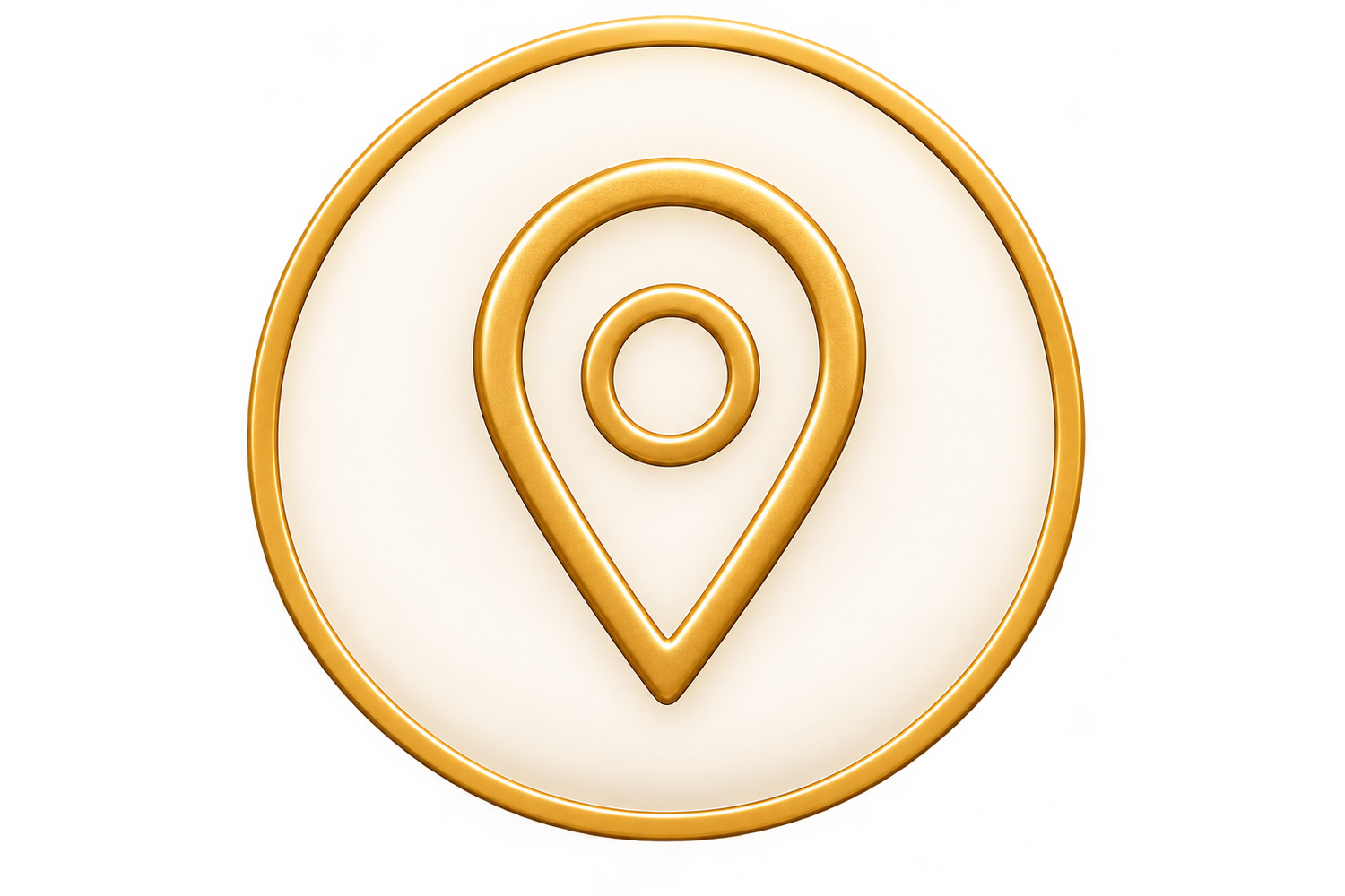 Gold and white 3D location pin icon on a circular badge with golden border on white background.