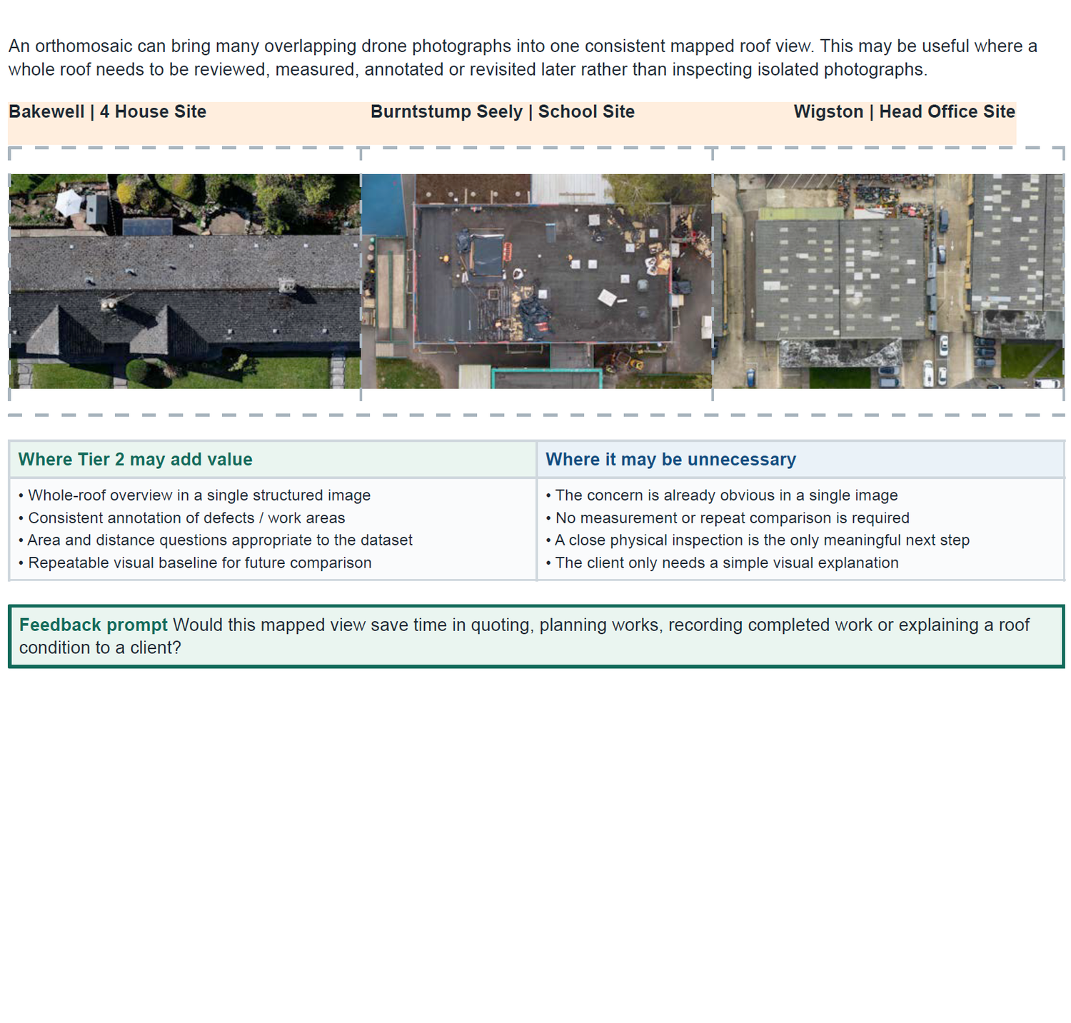 Orthomosaic drone roof inspection comparison showing three UK sites with mapped aerial views and a feature analysis table.