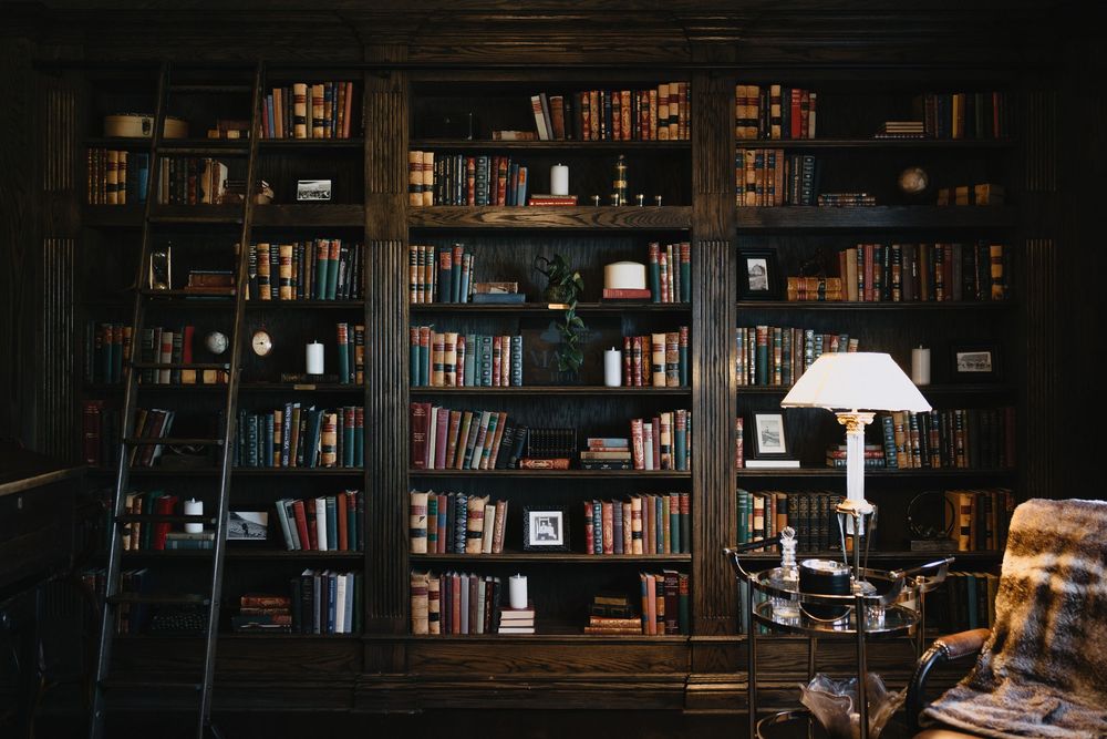 Dark wood library with floor-to-ceiling bookshelves filled with books, a rolling ladder, and a lit table lamp.
