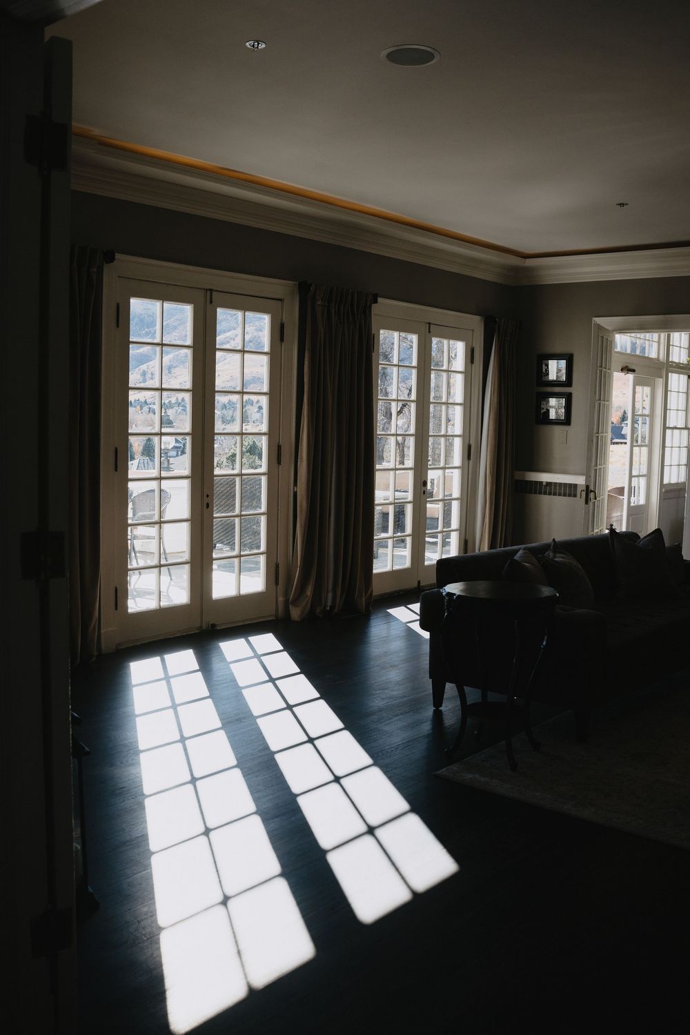 Sunlight streams through French doors casting grid shadows on dark hardwood floors in an elegant living room.