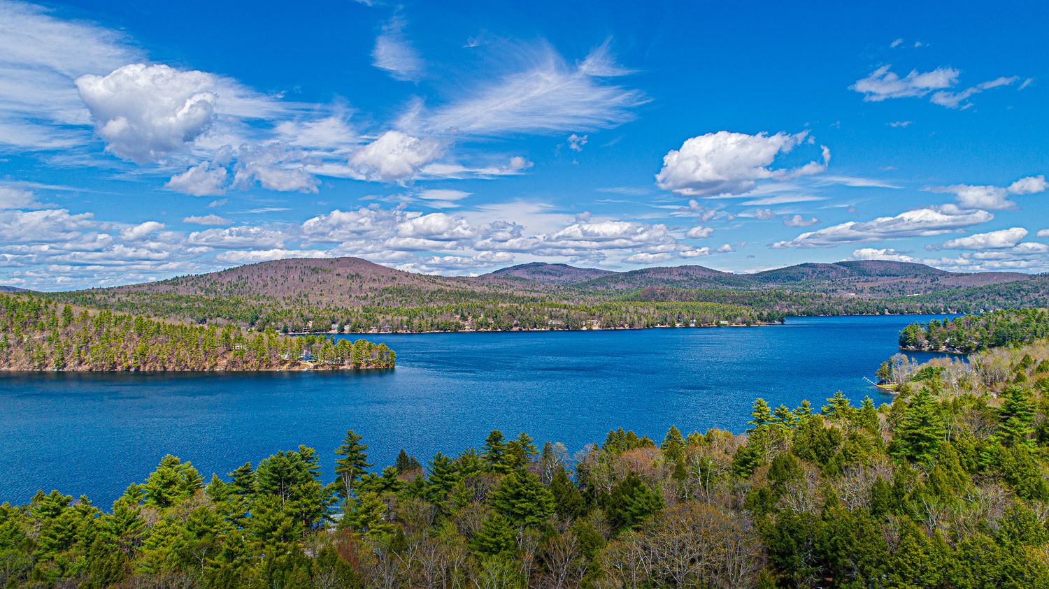 Panoramic view of a serene blue lake surrounded by lush green trees and rolling hills under a bright blue sky.