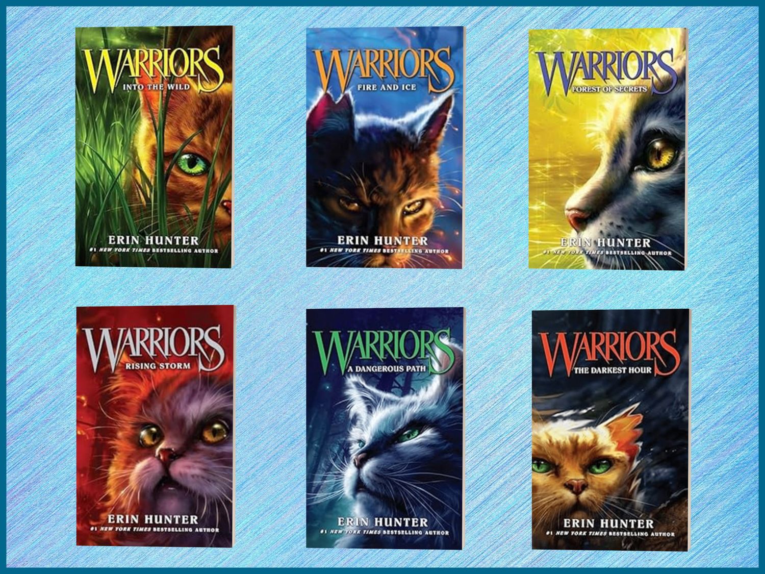 Six Warriors book series covers by Erin Hunter featuring illustrated cats with glowing eyes on dark backgrounds.