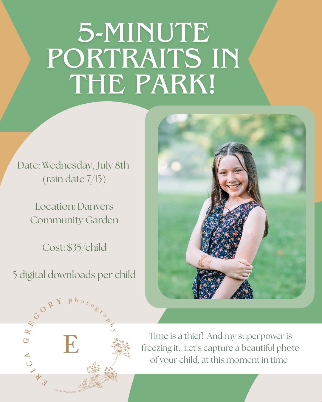 Promotional flyer for 5-minute children portraits in the park at Danvers Community Garden on July 8th, $35 per child.