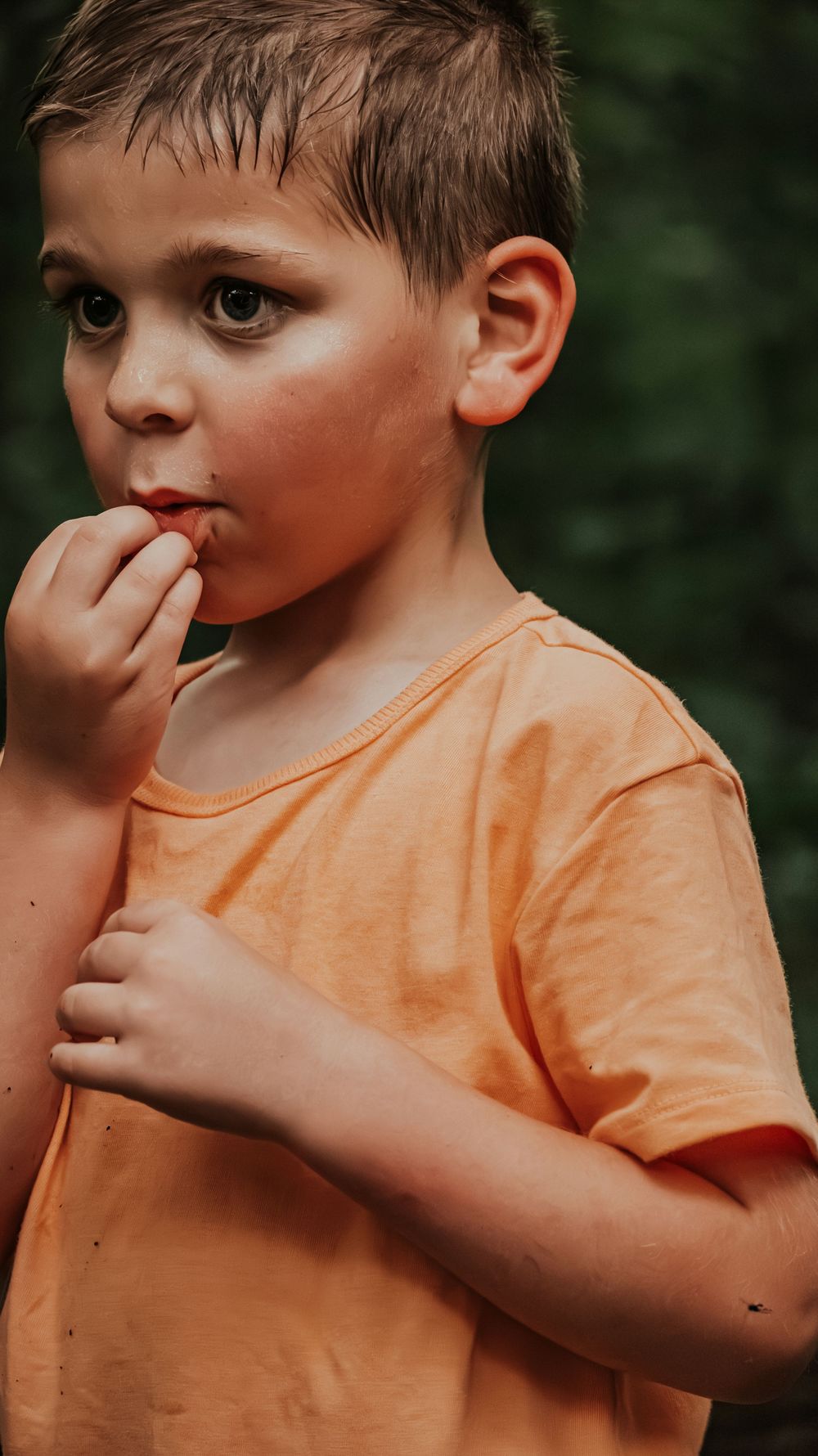 Young boy in an orange t-shirt eating a red berry outdoors with green trees in the background.