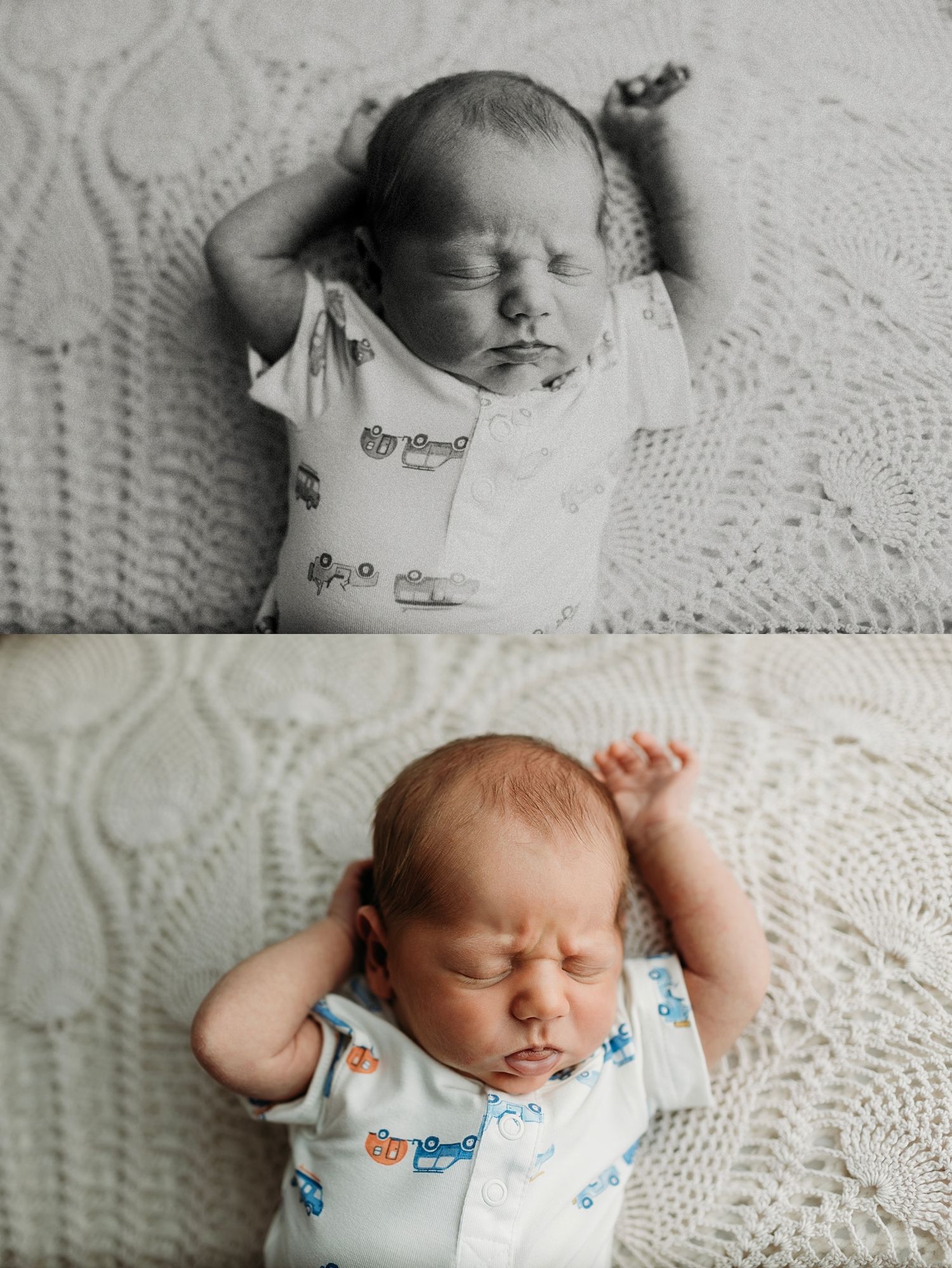 Black and white and color diptych of a sleeping newborn baby in a white onesie with cars, lying on a crochet blanket.