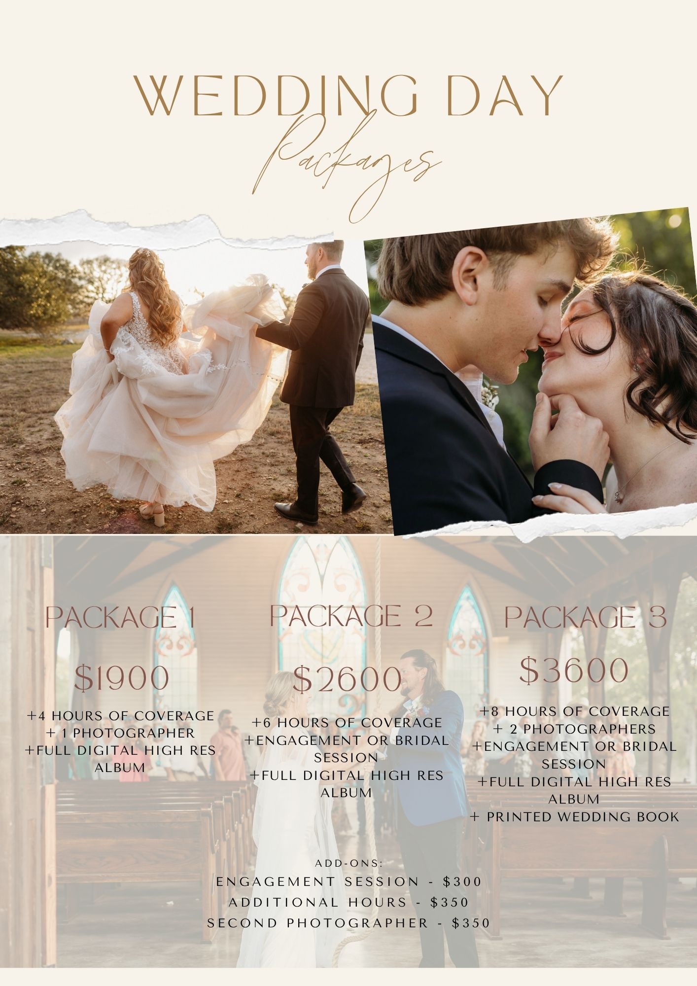Wedding day photography packages in San Marcos, Texas from $1900 to $3600. New Braunfels Wedding photographer