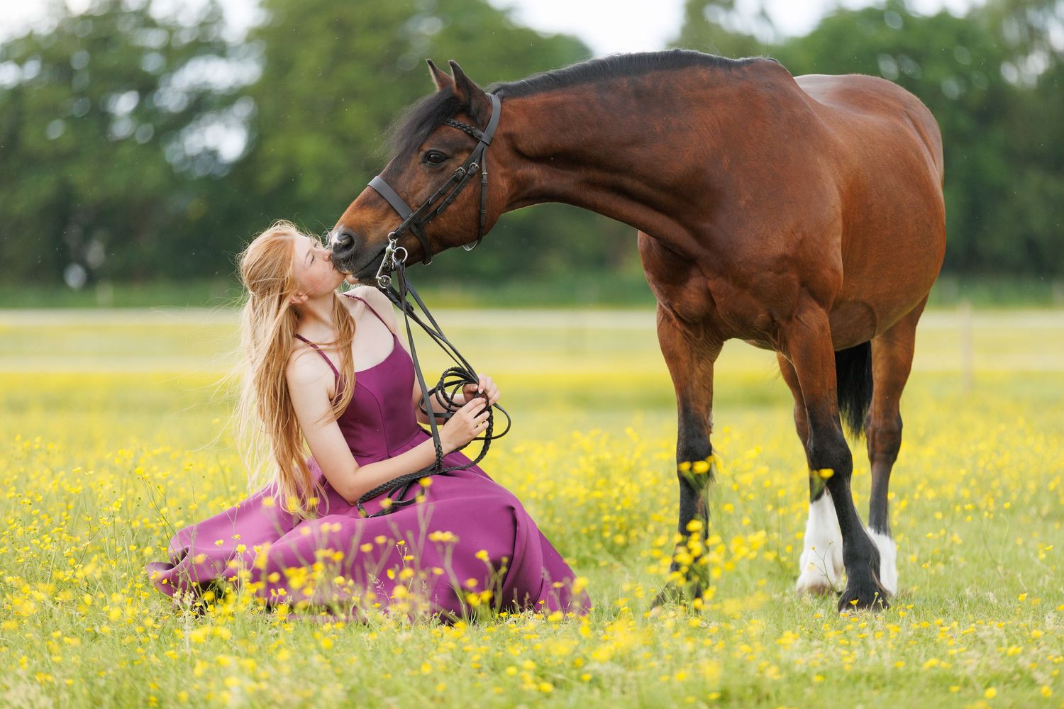 A person in a flowing red gown poses with a majestic black horse in an autumn forest setting.