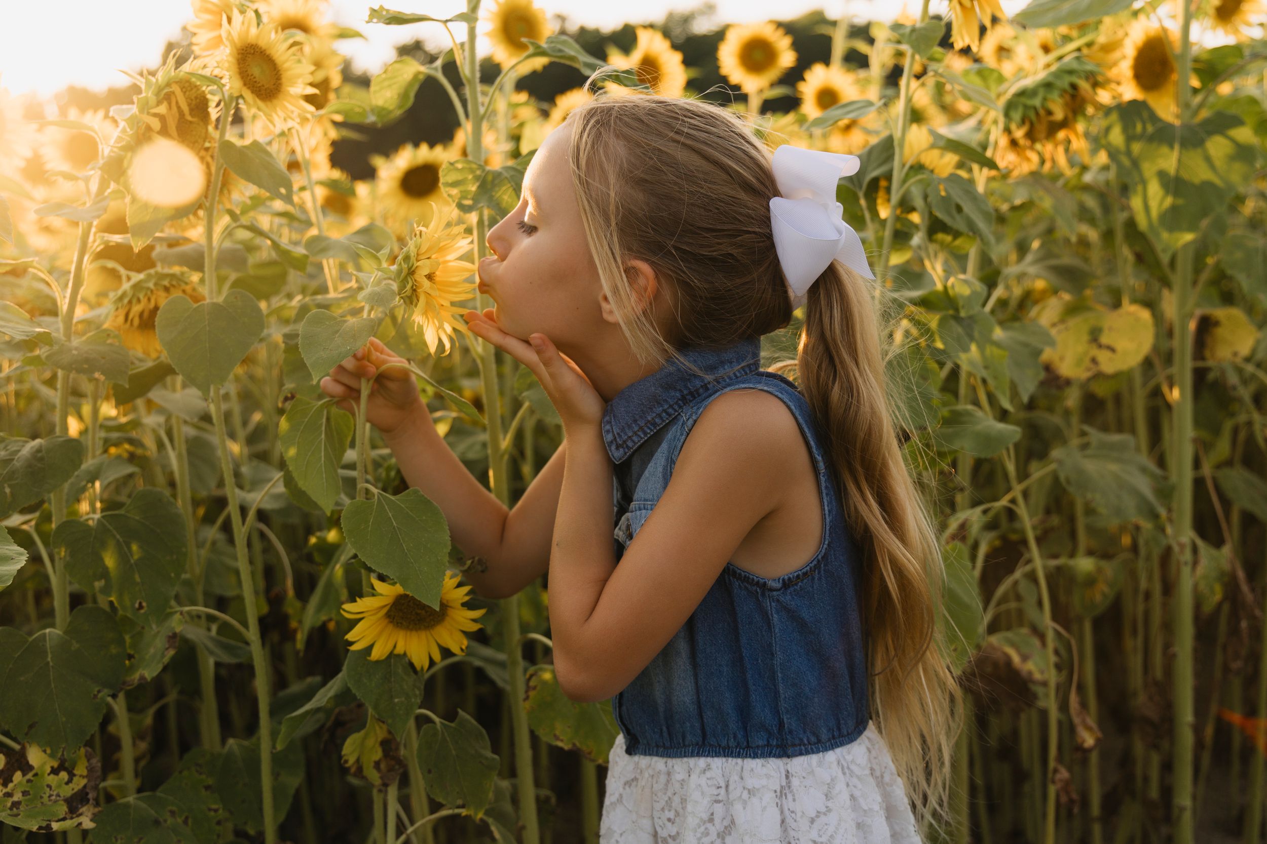 Young girl with long hair and white bow blowing a kiss to sunflowers in a golden sunlit field.